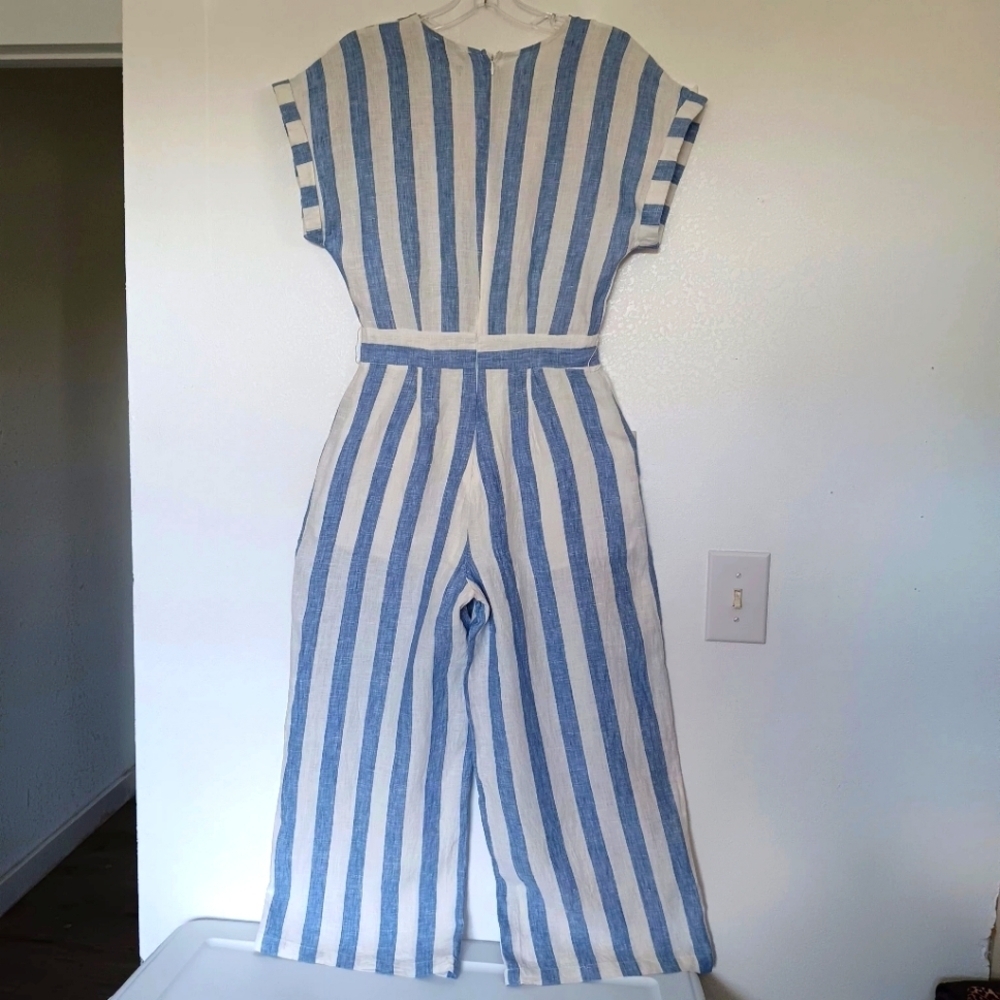 Miss Me jumpsuit Striped Linen White Blue pockets Summer Beach Vacation sz S - Picture 3 of 16
